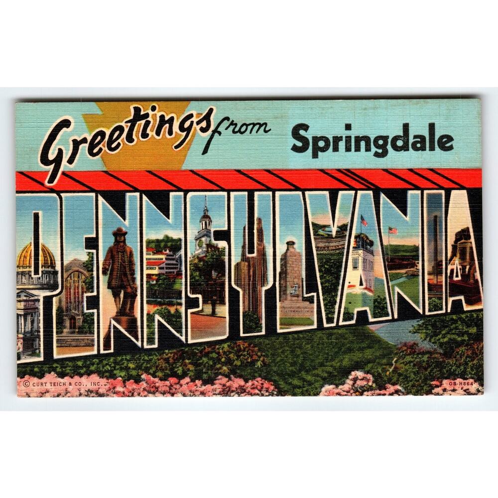 Vintage Greetings from Springdale Pennsylvania Linen Postcard Large Letter
